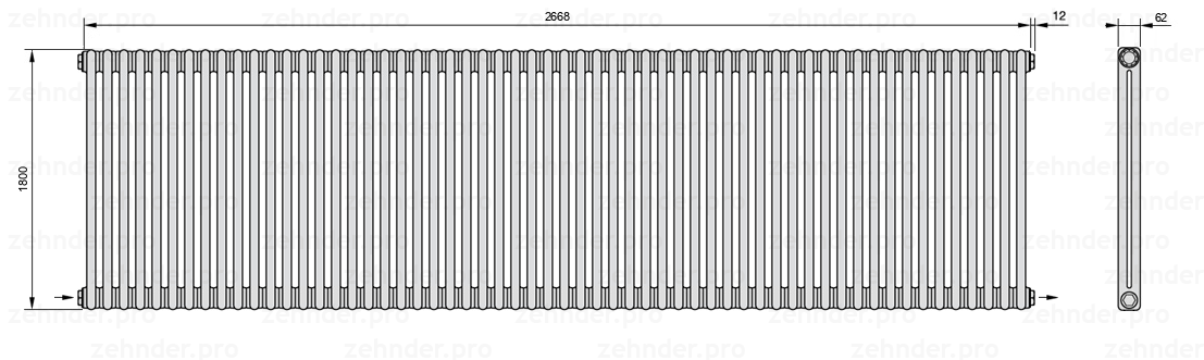 Схема (чертеж) Радиатор Zehnder Charleston 2180/58 №2670 Белый глянцевый RAL 9016